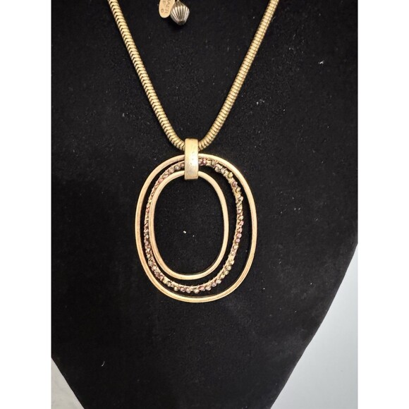 Signed Baer SF Goldtone Chain Necklace, 34" – Oval Metal Hoops with Rhinestones - Picture 5 of 5